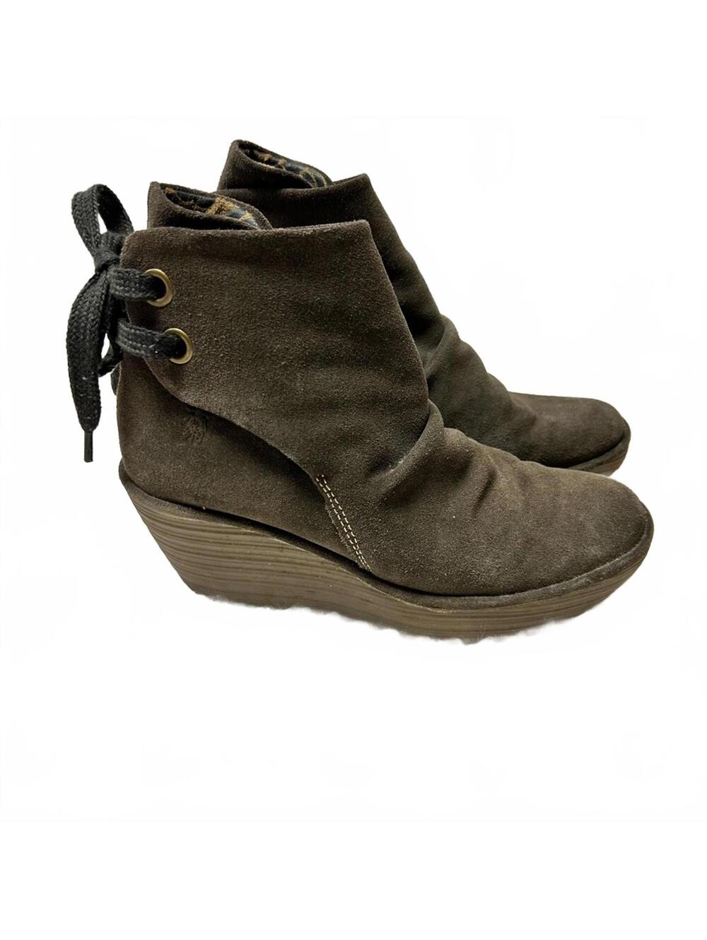 Fly London Shoes Yama Sludge Suede Booties Platform Wedge Ankle Boot | Size 39